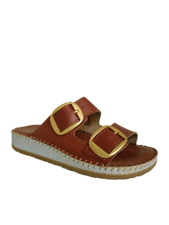 Leather Women's Flat Sandals Anatomic in Tabac Brown Color