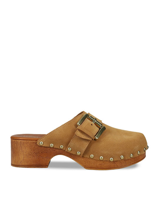 Leather Mules with Heel in Beige Color