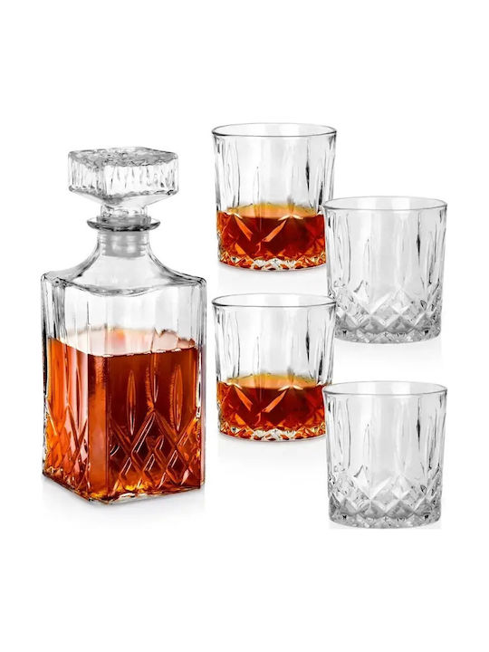 Vilde Glas Karaffe zum Servieren Whiskey mit Verschluss und Gläsern Transparent 900ml 5Stück
