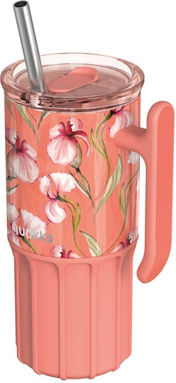 Quokka Glass Thermos Stainless Steel BPA Free 720ml Floral Coral with Straw