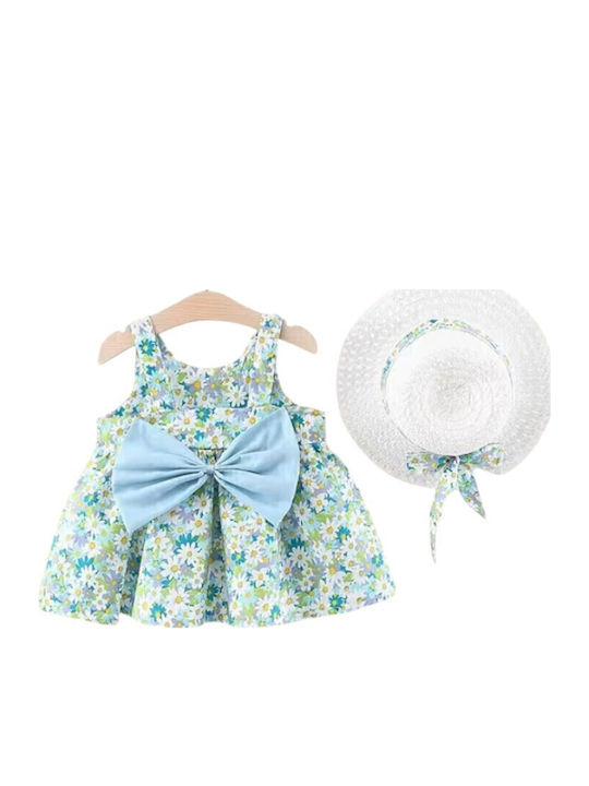 Girls Dress Sleeveless Floral Set with Accessories Light Blue Multicolor