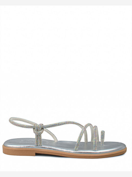 Leather Women's Flat Sandals in Silver Color