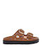 Leather Women's Flat Sandals in Tabac Brown Color