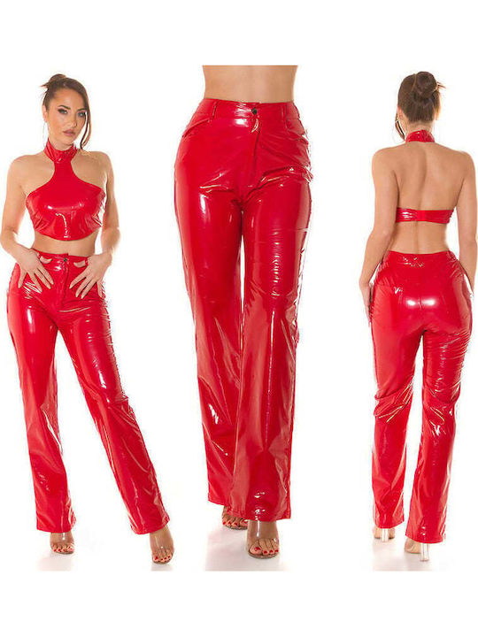 Women's High-waisted Fabric Trousers Straight Line Red
