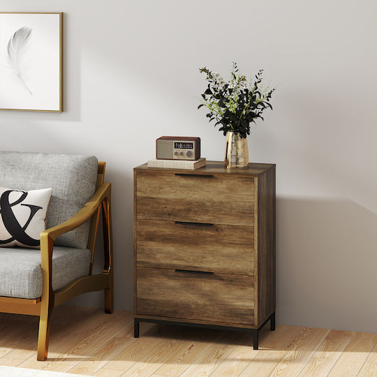 Wooden & Metallic Chest of Drawers with 3 Drawers Dark Brown 62x35x82cm