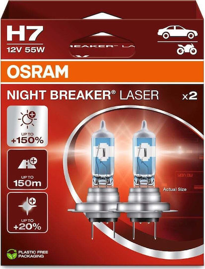 Osram Lampen Auto Night Breaker Laser +150% H7 Halogen Weiß 12V 55W 2Stück