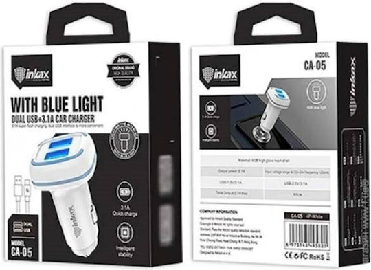 Inkax Φορτιστής Αυτοκινήτου με Θύρες: 1xUSB 1xType-C Λευκό Χρώμα