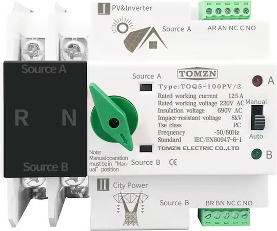 Автоматичен превключвател между мрежови фотоволтаични панели 2P 230V 125A