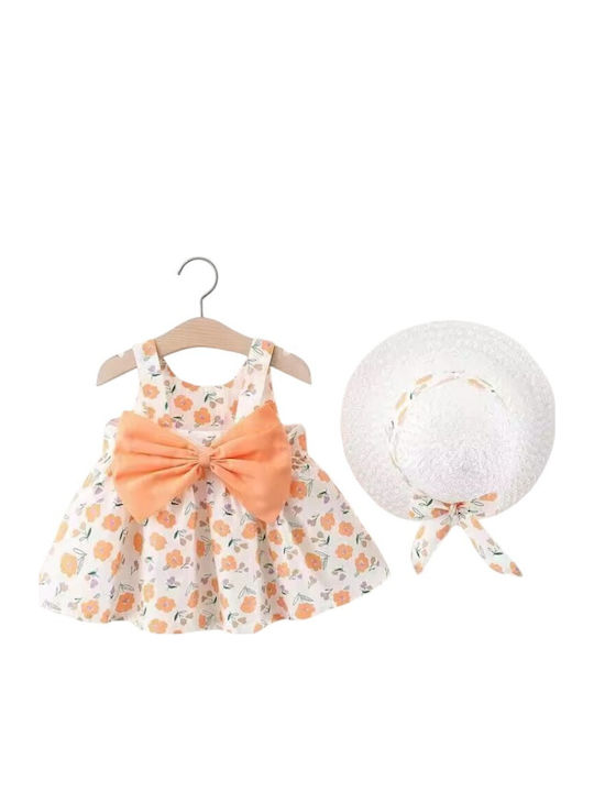 Girls Dress Sleeveless Floral Set with Accessories White/Orange