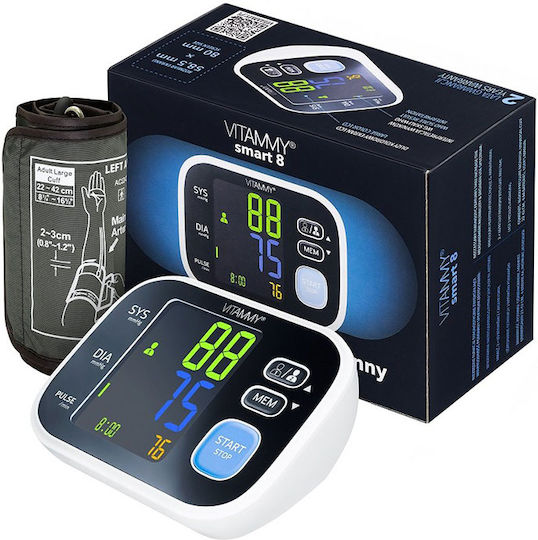 Tensiometru electronic de braț Vitammy Smart 8 măsurare în timpul umflării manșetei detectare aritmie afișaj color memorie 2 utilizatori x 60 rezultate dimensiune manșetă 22-42 cm negru