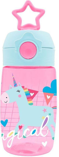Must Team Kids Water Bottle Unicorn Plastic with Straw Pink 480ml (Various Designs/Colours)