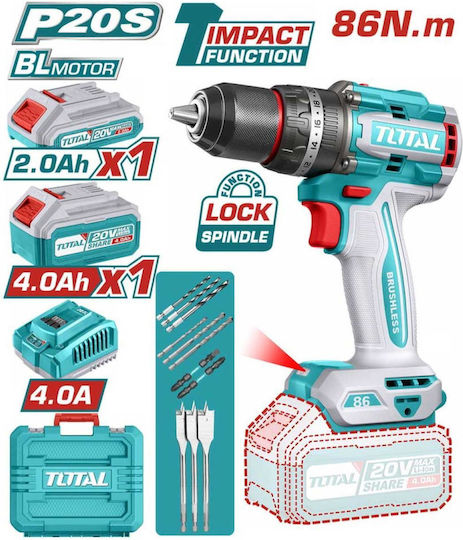Total Κρουστικό Δραπανοκατσάβιδο Μπαταρίας Brushless 20V 1x2Ah & 1x4Ah