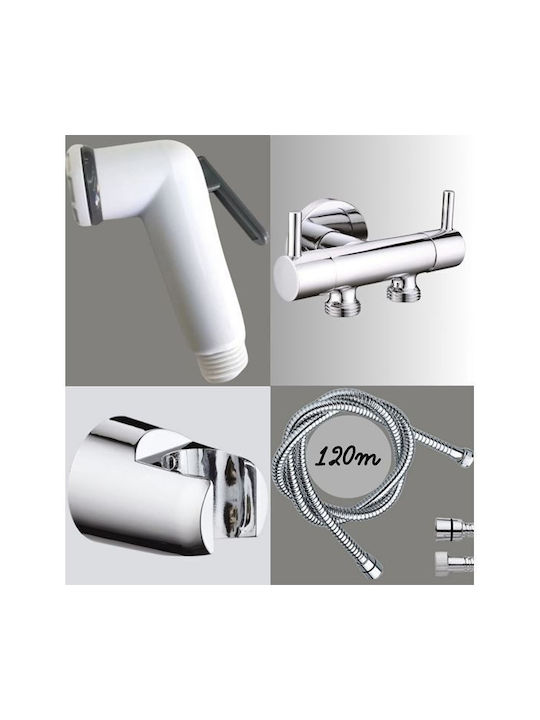 Bidet Set Dual Angle Valve Chrome 1/2" White Hand Shower Spiral 120cm Holder 0941652 Remer
