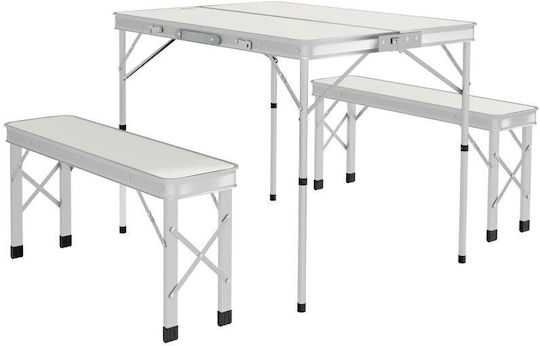 Set Mobilier Camping Grădină Pliabil 1 Masă 2 Bănci MDF Aluminiu Alb 90 Cm Frankfurt