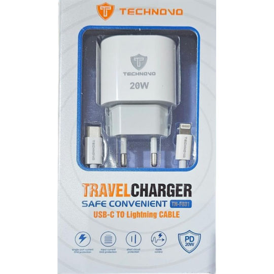 Technovo Charger with USB-C Port and Cable USB-C - Lightning 20W Power Delivery Whites (TN-F031)