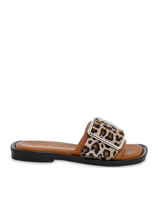 Leather Women's Flat Sandals in Tabac Brown Color