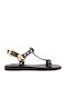 Leather Women's Flat Sandals in Black Color