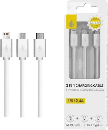 Moveteck Редовна USB към Lightning / Type-C / micro USB Кабел 2.4Спецификация Бял 1.2м (463.772314)