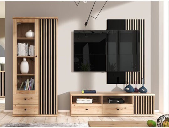 Unitate TV pentru sufragerie Venmava 111 Black, Light Brown cu vitrină și iluminare
