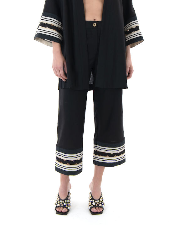 Women's High-waisted Fabric Capri Trousers Relaxed Fit Ecru-black
