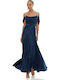 Summer Maxi Dress for Wedding - Christening Drape Satin Blue