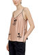 Women's Blouse Satin with Straps & V Neckline Black-beige