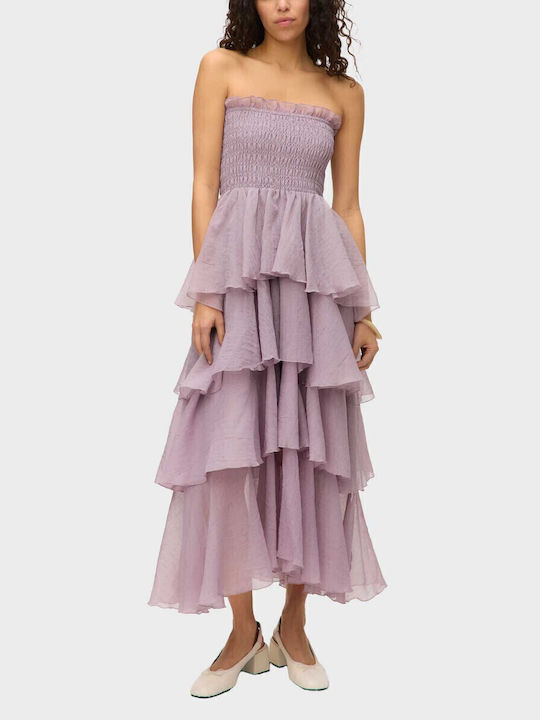 Summer Midi Dress for Wedding Christening Strapless Purple