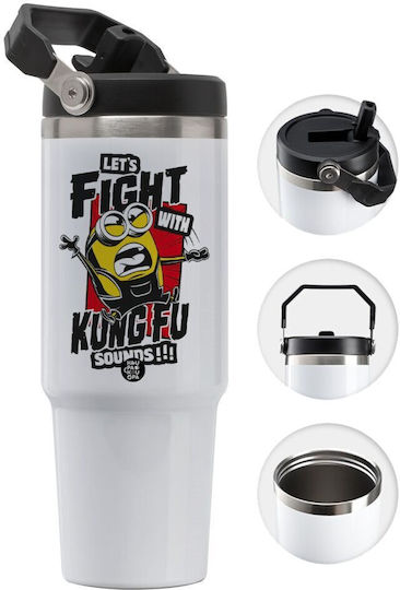 Koupakoupa Minions Let's Fight With Kung Fu Sounds Kids Water Bottle Stainless Steel with Straw Non Spill Coffee 890ml