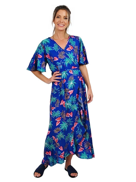 Summer Maxi Dress Wrap with Ruffle Blue