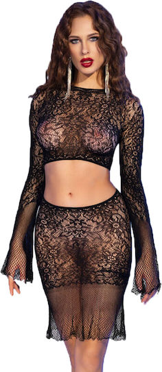 Chillirose Cr 4686 Set Lenjerie Erotică Realizat din Material Elastic 4D Fără Cusături Moale Format din Top cu Mâneci Lungi Fustă Neagră S M
