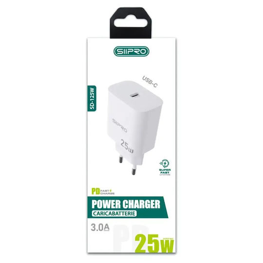SiiPro Φορτιστής Χωρίς Καλώδιο με Θύρα USB-C 25W Power Delivery Λευκός (SD-125W)