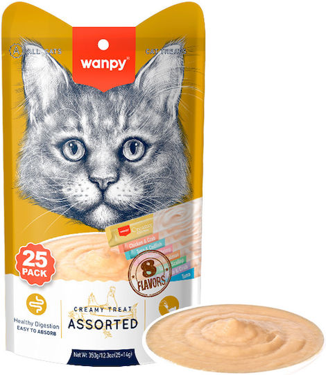 Wanpy Котешки 25 пакета Кремообразни Лизателни Лакомства Смесен Вкус 350г 25x14г Домашни Любимци Консумативи