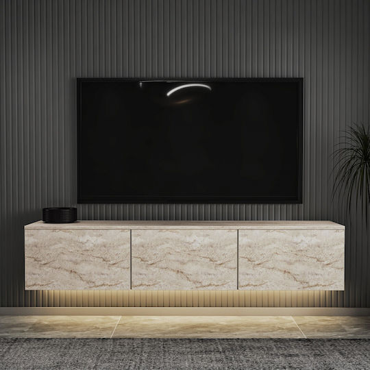 Stand TV Montat Pe Perete Cu Iluminare LED Bej Travertin 160x32x35 Cm