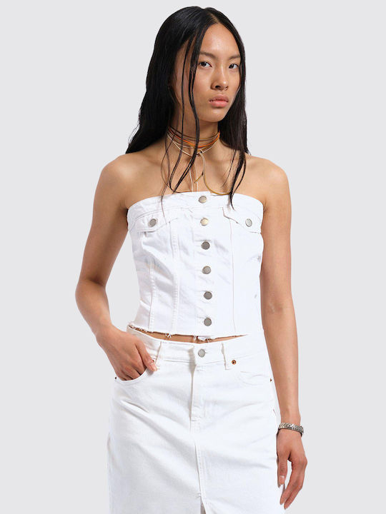 Damen Bluse Baumwolle Trägerlos Weiß