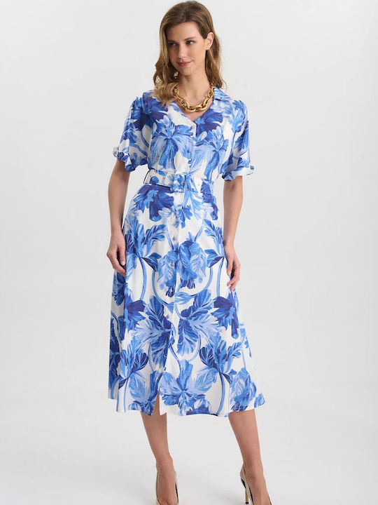 Summer Midi Dress for Wedding - Christening Satin Blue 05-9056-Roua
