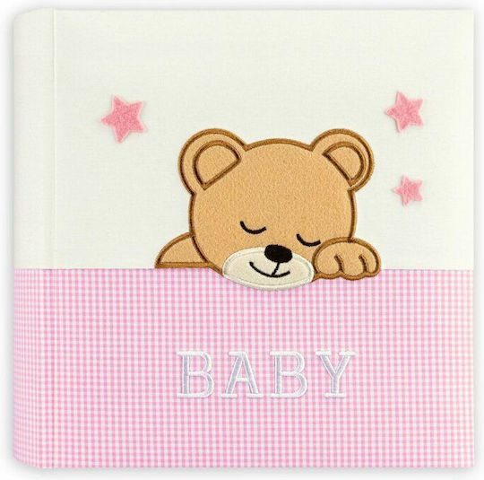 Pink Elisa Album 40 Pages Rice Paper Dimensions 24x24cm Box Cover Checkered Fabric Embroidery Bear Baby