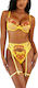Thaleia Yellow Lingerie Set Red Embroidery Underwire Garters