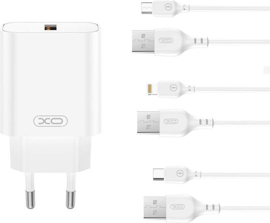 XO Φορτιστής με Θύρα USB-A και Καλώδιο micro USB 18W Quick Charge 3.0 Λευκός (CE33)