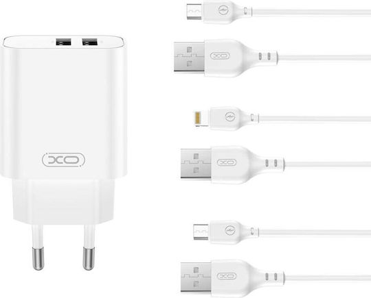 XO Φορτιστής με 2 Θύρες USB-A και Καλώδιο micro USB 12W Λευκός (CE34)