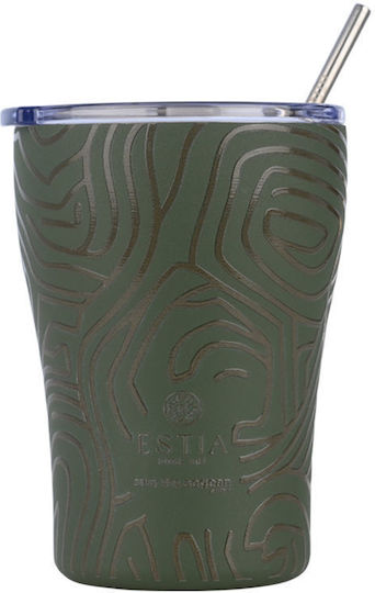 Estia Coffee Mug Save The Aegean Recyclable Glass Thermos Stainless Steel BPA Free 350ml Olive Flow with Straw