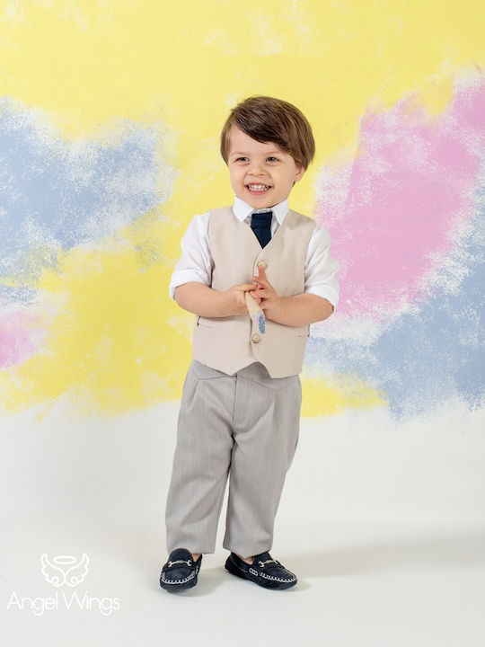 Angel Wings Baptism Suit with Vest for Boy Beige 5 Pieces