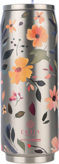 Estia Travel Cup Save the Aegean Recyclable Thermos Bottle Stainless Steel / Plastic BPA Free 500ml Silver Botanic with Straw
