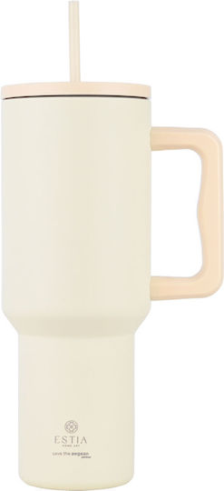 Estia Straw Tumbler XL Save the Aegean Recyclable Handled Tumbler Thermos Stainless Steel BPA Free 1.2lt Lily White with Straw and Handle