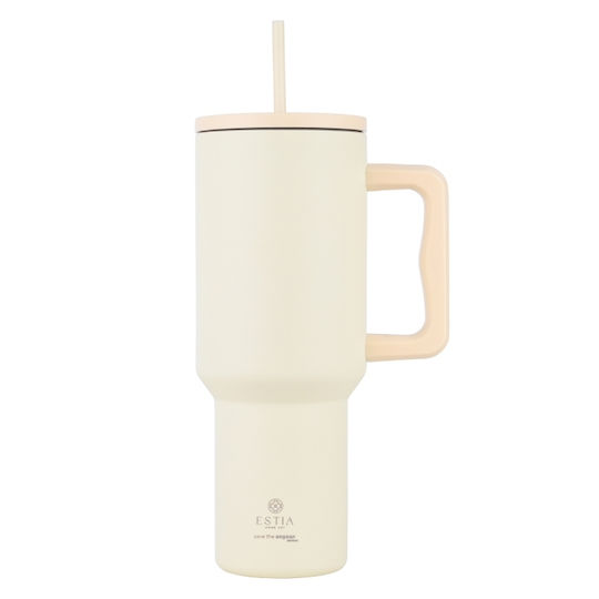 Estia Straw Tumbler XL Save the Aegean Recyclable Handled Tumbler Thermos Stainless Steel BPA Free 1.2lt Lily White with Straw and Handle
