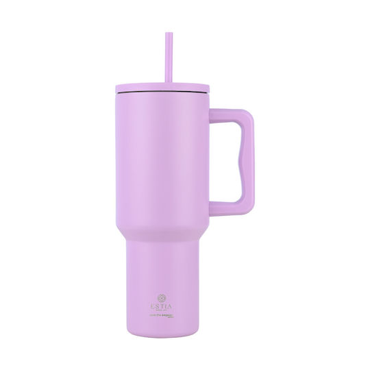 Estia Straw Tumbler XL Save the Aegean Recyclable Handled Tumbler Thermos Stainless Steel BPA Free 1.2lt Lavender Purple with Straw and Handle