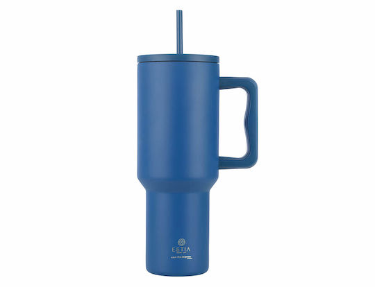Estia Straw Tumbler XL Save the Aegean Recyclable Handled Tumbler Thermos Stainless Steel BPA Free 1.2lt Denim Blue with Straw and Handle