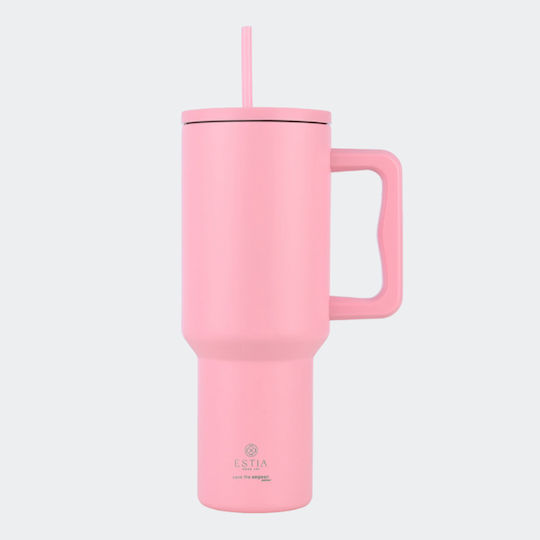 Estia Straw Tumbler XL Save the Aegean Recyclable Handled Tumbler Thermos Stainless Steel BPA Free 1.2lt Blossom Rose with Straw and Handle