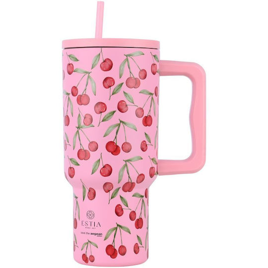 Estia Straw Tumbler XL Save the Aegean Recycelbar Becher mit Griff Thermosflasche Rostfreier Stahl BPA-frei 900ml Kirschrosa mit Strohhalm und Handgriff