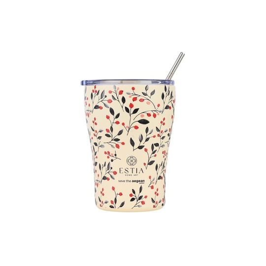 Estia Coffee Mug Save The Aegean Recyclable Glass Thermos Stainless Steel BPA Free 350ml Bloom Beige with Straw