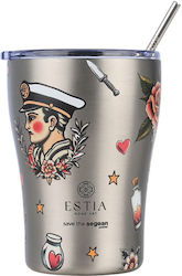 Estia Coffee Mug Save the Aegean Recyclable Thermos Stainless Steel BPA Free 350ml Old School Ink with Straw